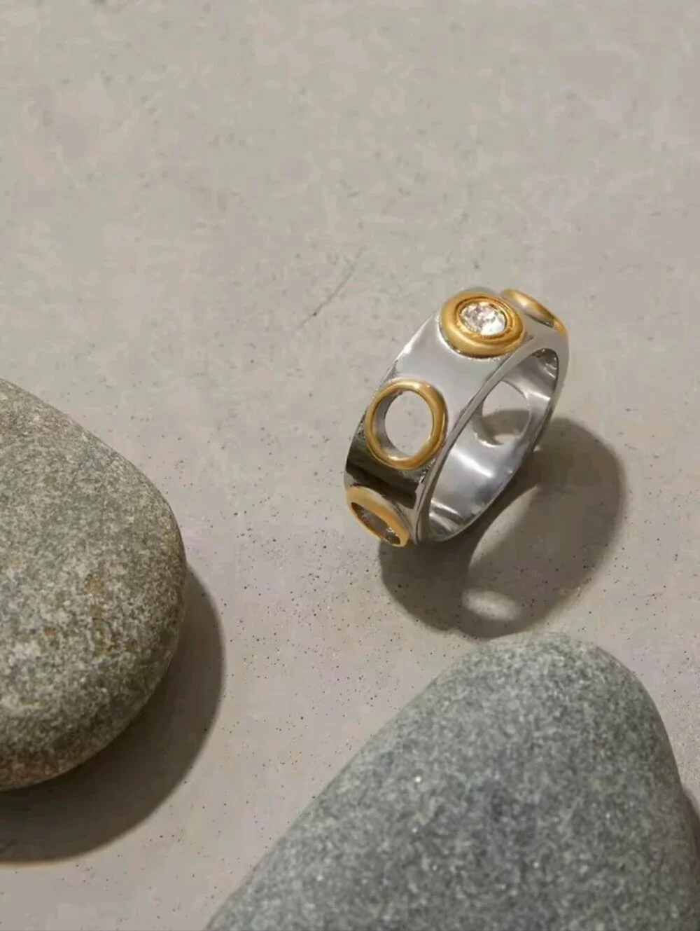 Silver Band Ring with Gold Bezel and Clear Crystal